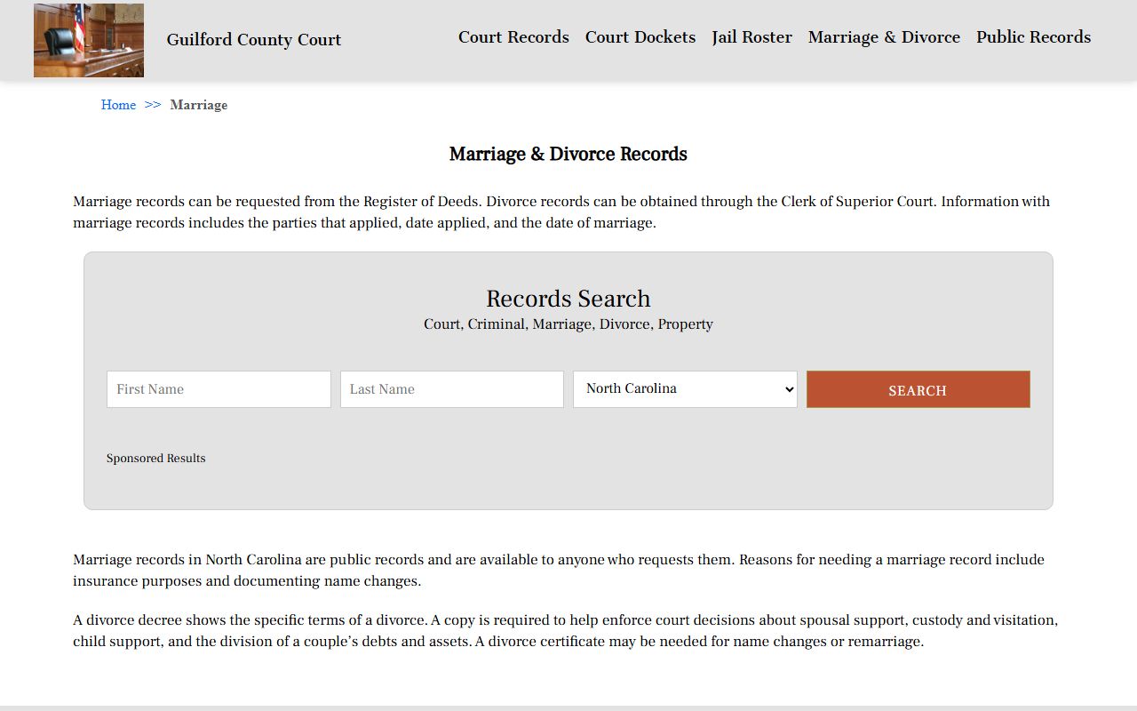 Guilford County divorce records search page for divorce decree lookup