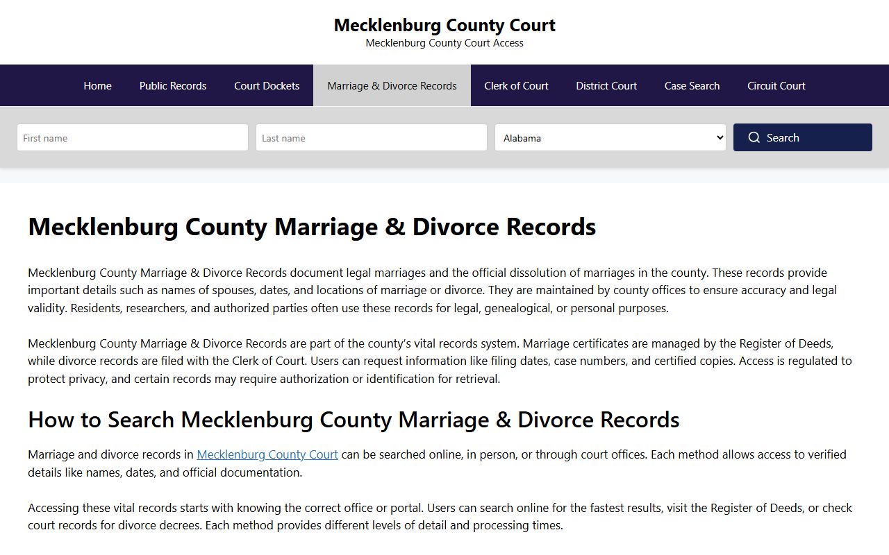 Mecklenburg County marriage and divorce records page for Charlotte divorce decree searches
