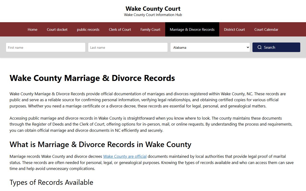 Wake County Courts website page for marriage and divorce decree records