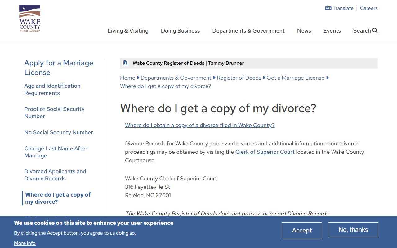 Wake County Register of Deeds page explaining divorce decree record sources