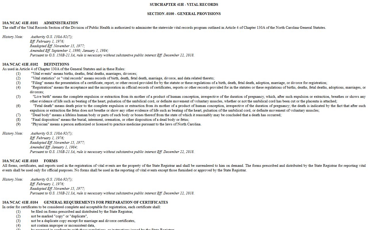 North Carolina Administrative Code vital records rules for divorce decree fees