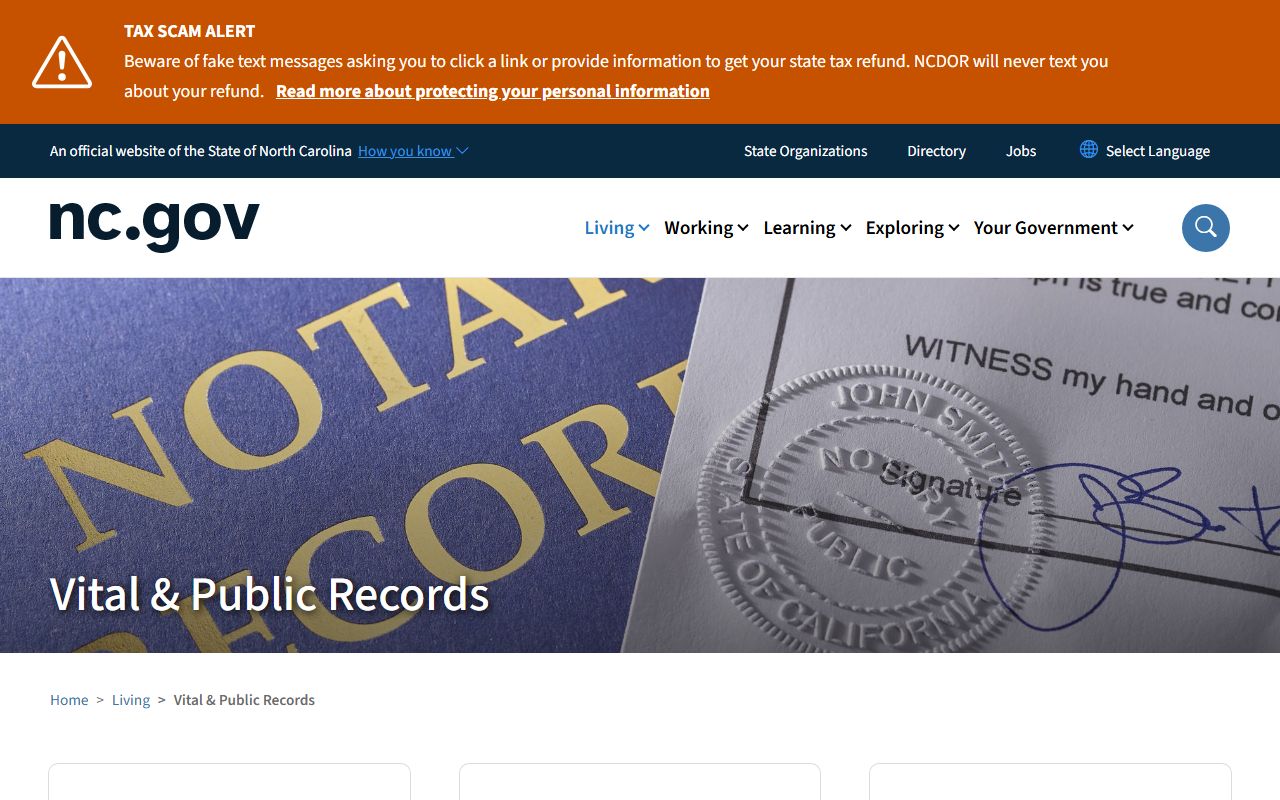 North Carolina state government vital records portal for divorce decree access