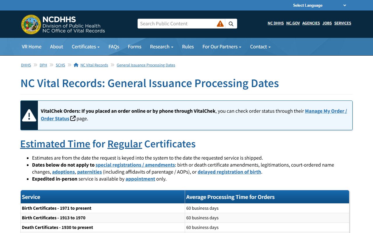 North Carolina vital records processing for Chatham County divorce decree information