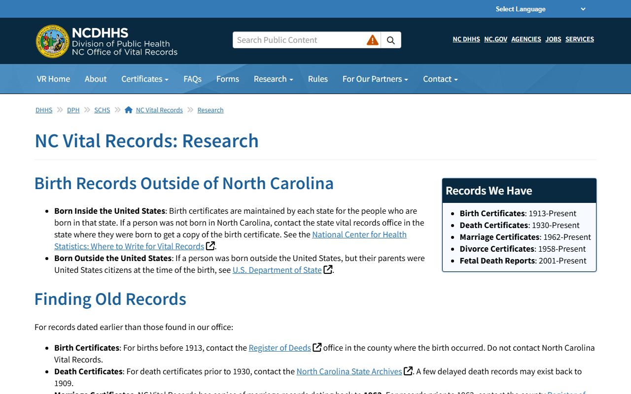 North Carolina Vital Records research page for historical divorce decree records