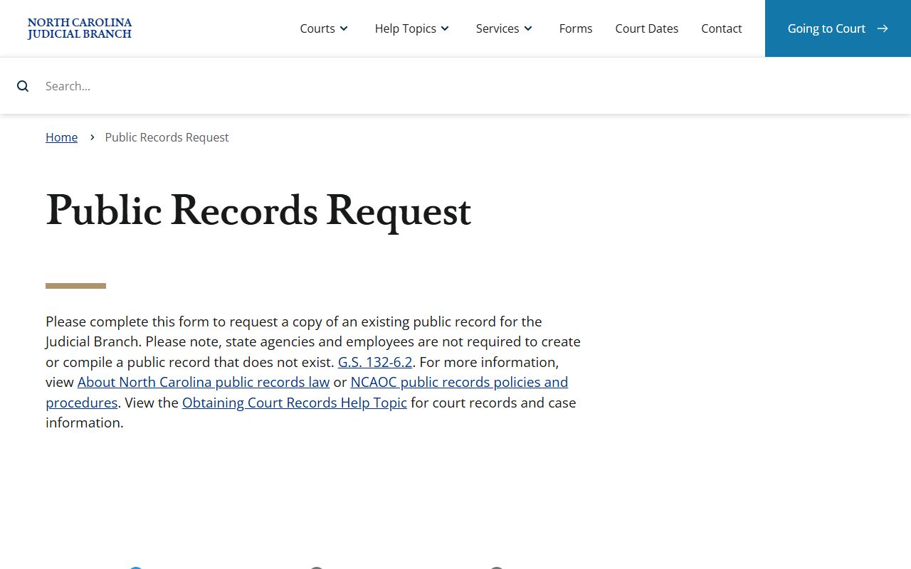 North Carolina eCourts public records request page for divorce decree access