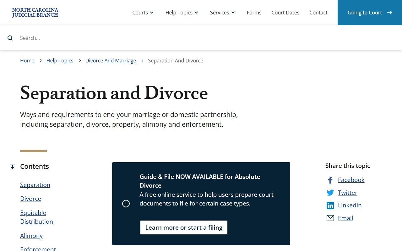 North Carolina Judicial Branch divorce decree separation and divorce information