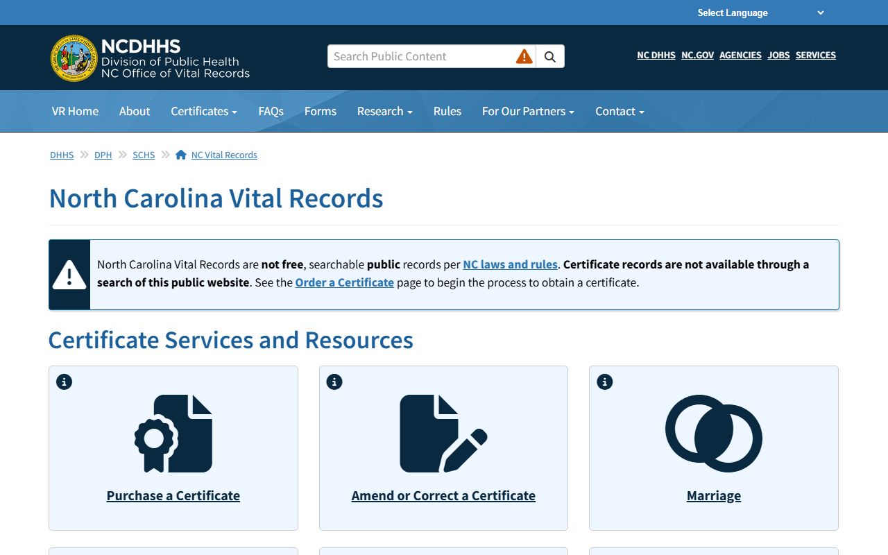 North Carolina Vital Records divorce decree certificate ordering page
